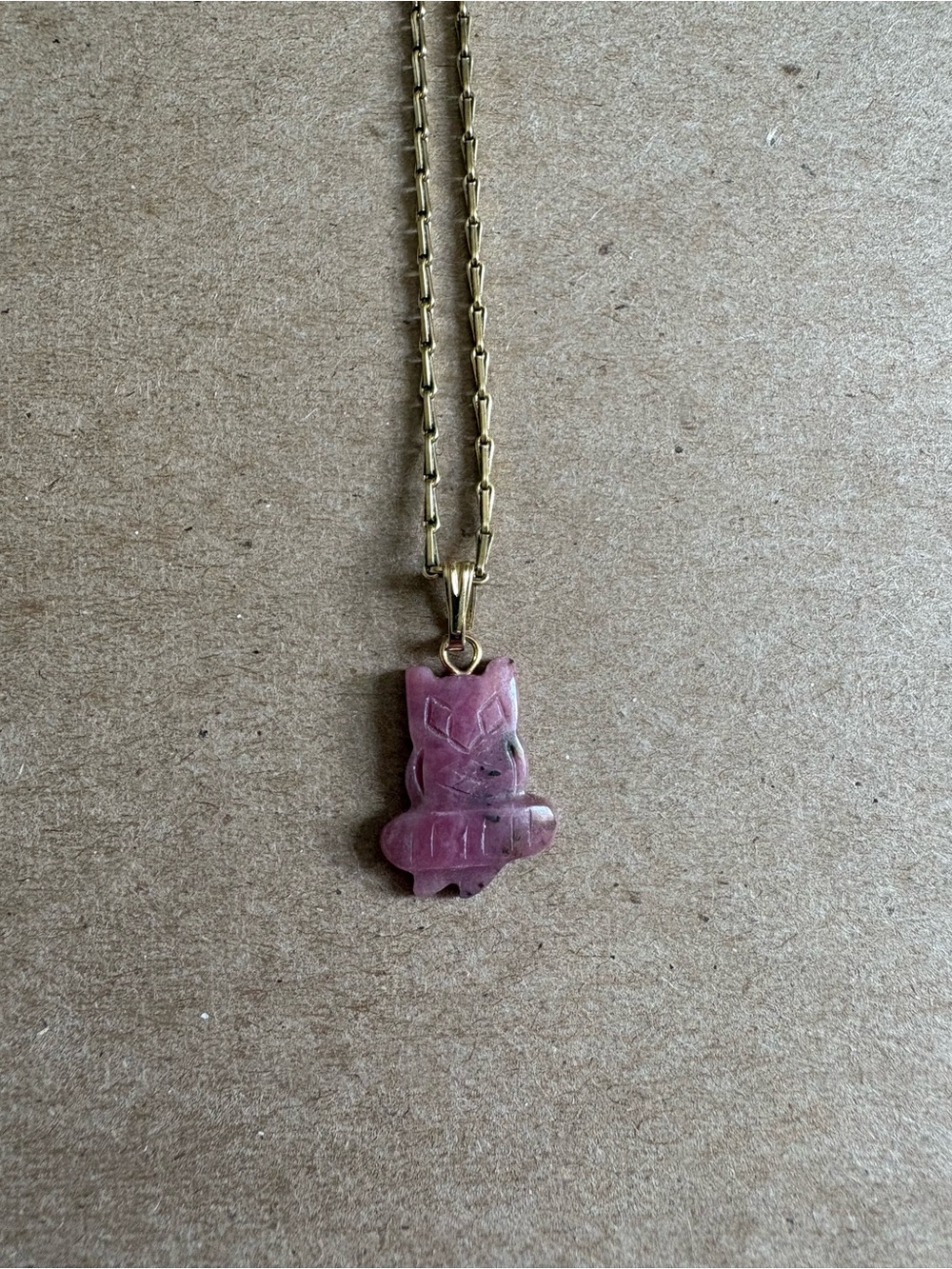 Gold Chain Necklace with Pink Carved Stone Owl Pendant